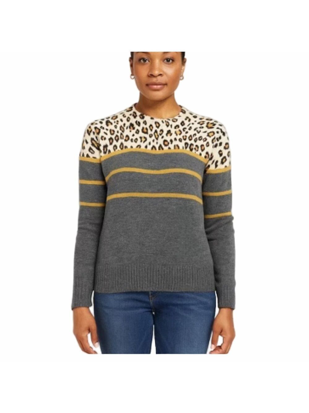 BeachLunchLounge Gray Sweater with Mustard Stripes & Leopard Yoke Size Small